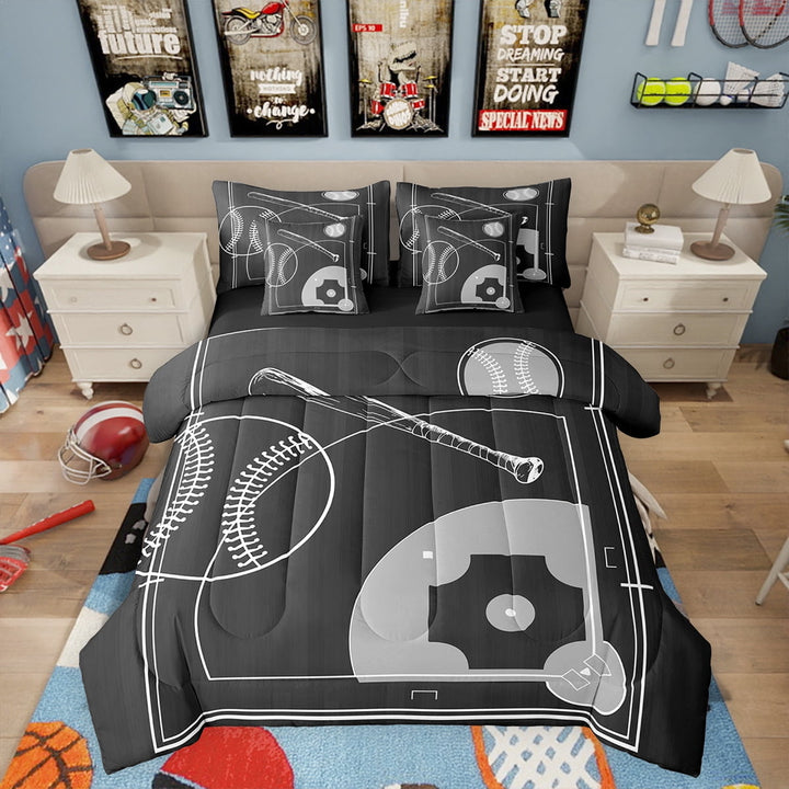 Sports Bed in a Bag 7-Piece Baseball Full Comforter Set, Baseball Print Reversible Bedding Comforter Sets Ball Game Bedding Set, Baseball Field Bed Sheets Set