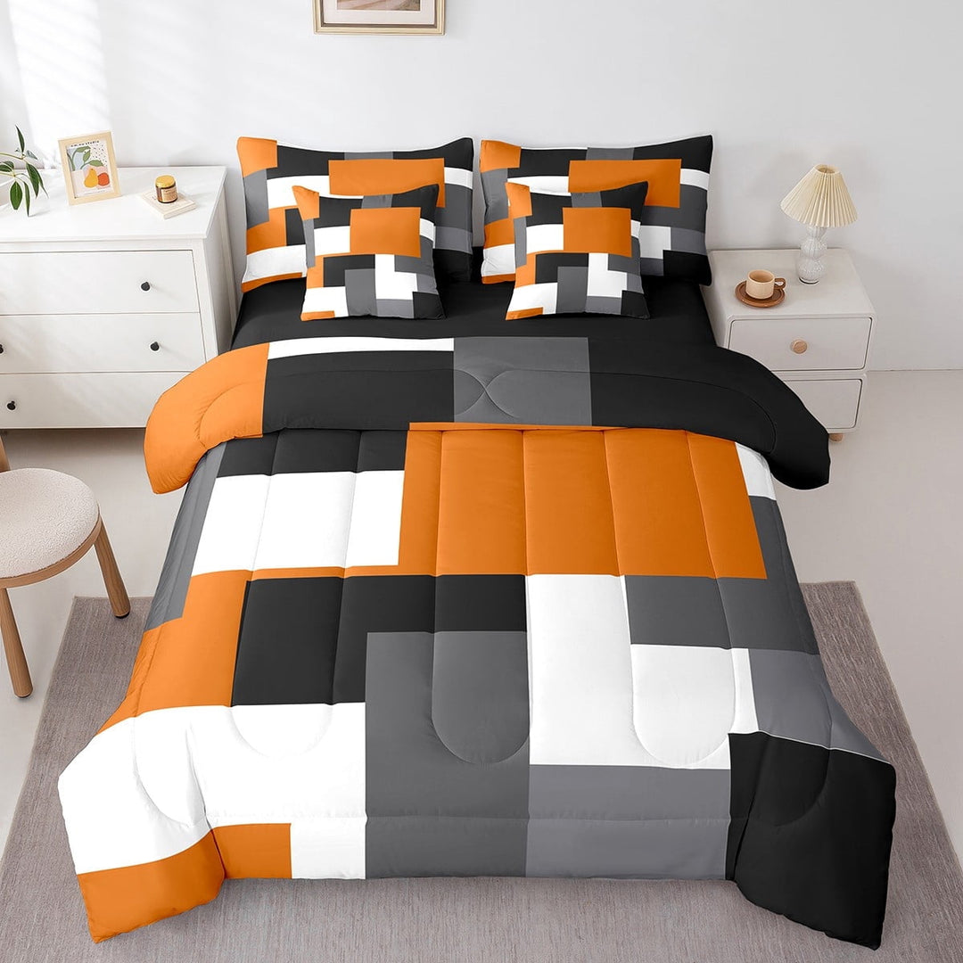 Erosebridal Orange Rectangle Bedding Sets Twin Size,Geometric Sqare Comforter Sets with Sheets,Abstract Artwork Bed in a Bag Twin size,Super Cozy Plaid Bedroom Decorative,Reversible,7pcs