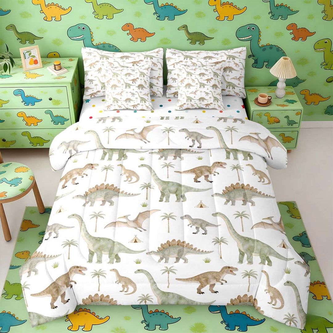 Erosebridal Green Dinosaur Bedding Comforter Set for Kids, Watercolor Dino Full Bedding Set