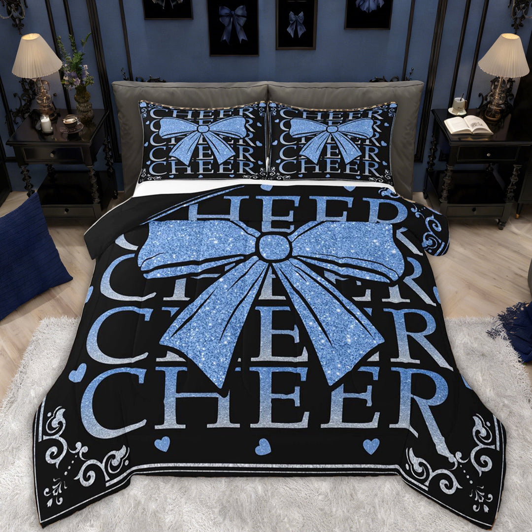 Erosebridal Blue Princess Bow Kids Full Size Comforter Sets, Cartoon Cheer Theme Bedding Sets, Black Reversible, 3 Pieces