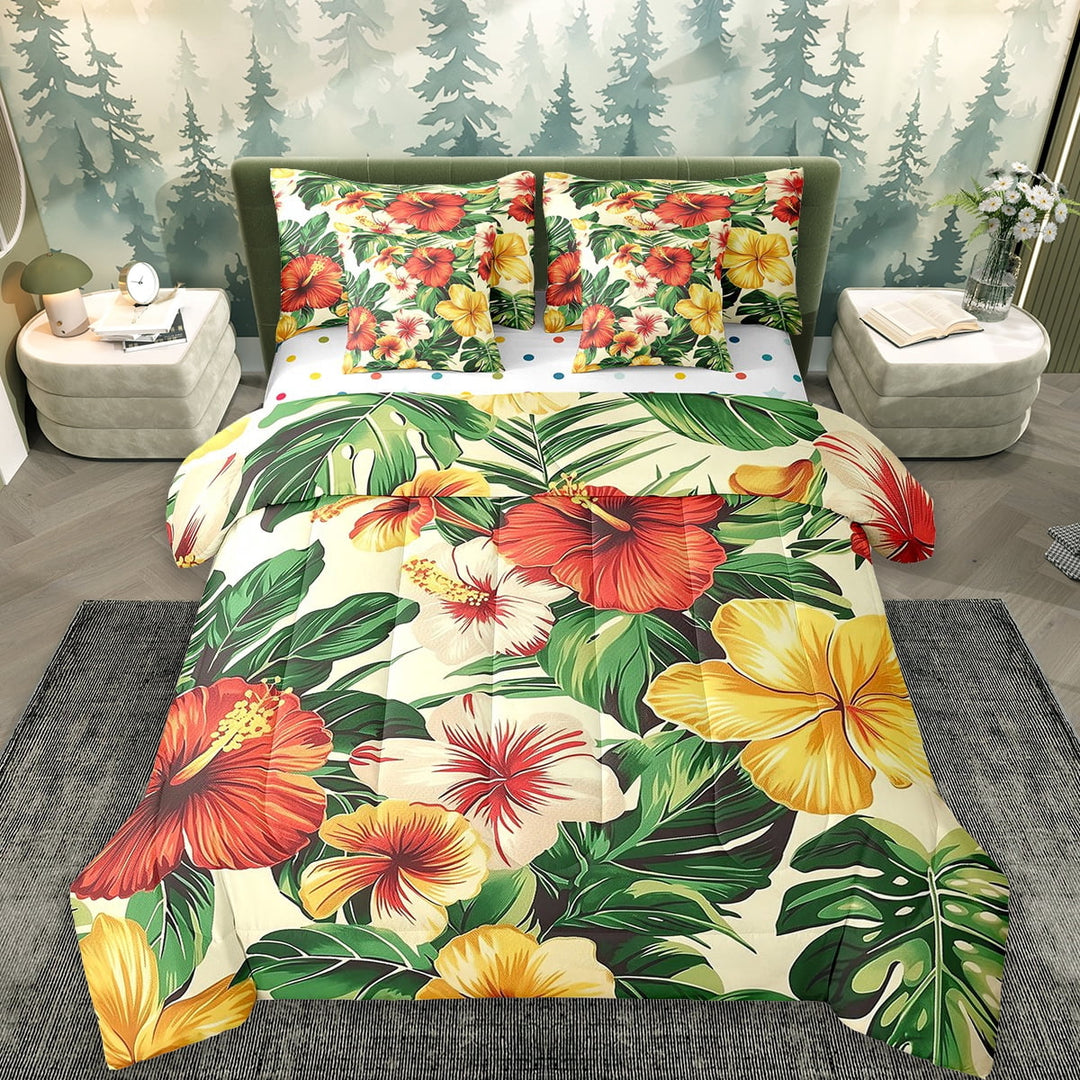 Erosebridal Wqatercolor Floral Bedding Twin Size,Green Palm Monstera Bed Set,Tropical Botanical Plant Bedding Sets Twin Size,Microfiber Bedroom Decorative Reversible,7pcs