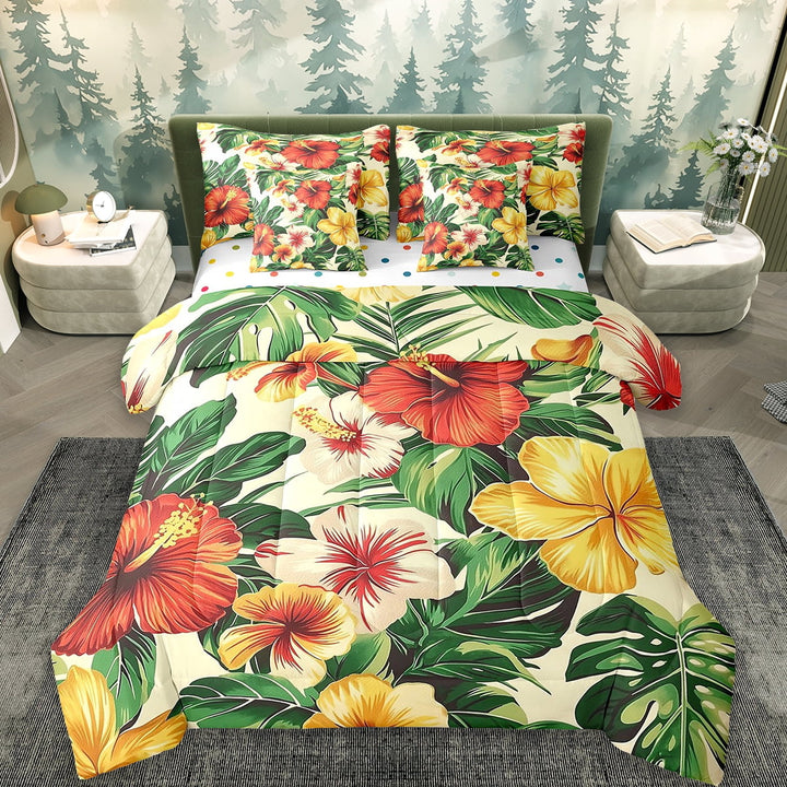 Erosebridal Wqatercolor Floral Bedding Twin Size,Green Palm Monstera Bed Set,Tropical Botanical Plant Bedding Sets Twin Size,Microfiber Bedroom Decorative Reversible,7pcs