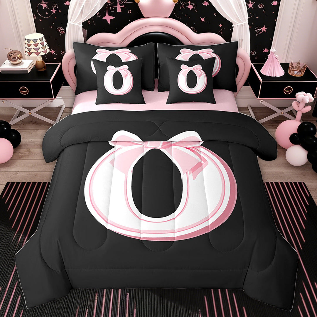 Erosebridal Girls Initial Letter O Bed in a Bag Twin size, Black Pink Bed Set, Kawaii Bow-tie Reversible Bedding Twin Size, 7pcs