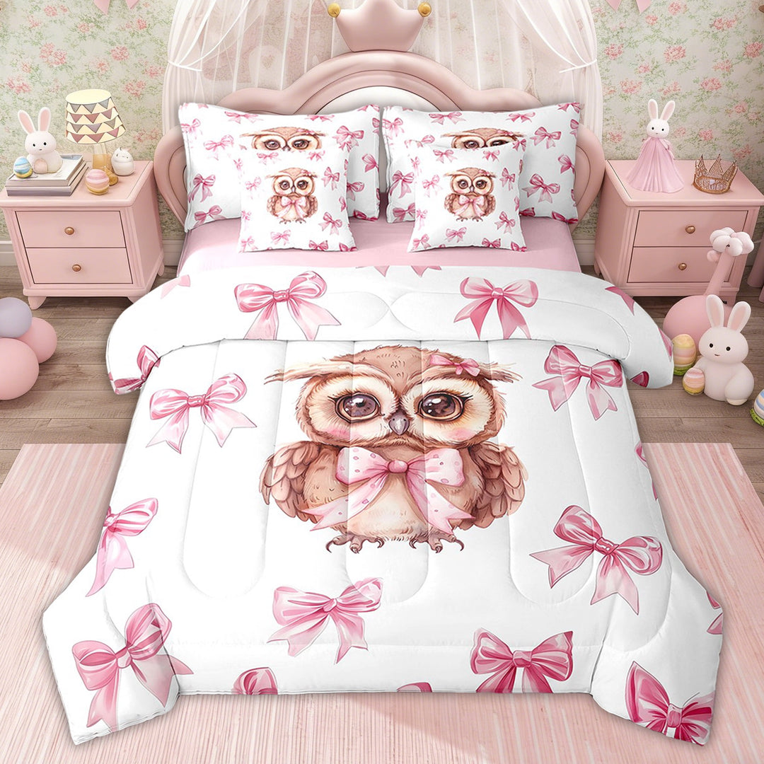Erosebridal Bowknot Owl Comforter Sets Twin Size for Girls, Princess Bow Comforters Bedding Set,, Pink Reversible 7 Pieces