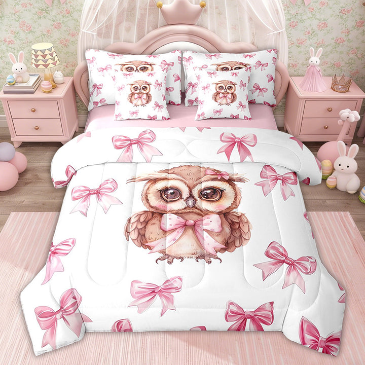 Erosebridal Bowknot Owl Comforter Sets Twin Size for Girls, Princess Bow Comforters Bedding Set,, Pink Reversible 7 Pieces