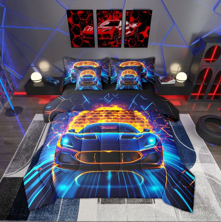 Full Size Bedding Set 7 Piece Geometric Honeycomb Race Car Comforter Set Teen Men,Neon Car Racing In A Bag Extreme Sports Games Bed Set Cool Race Car Room Decor