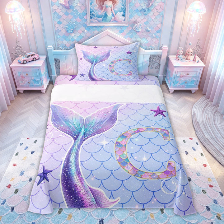 meiyoeat Mermaid Scale C Initial Bed Sheets for Girls, Ocean Starfish Full Size Sheets, Purple Blue, 4-Piece, 1 Flat Sheet, 1 Fitted Sheet and 2 Pillowcases