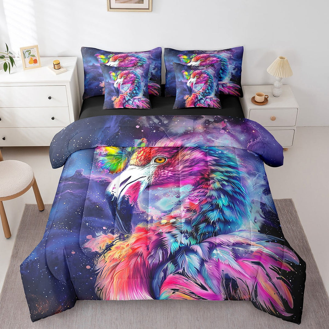 Cartoon Flamingo Twin Comforter Set 7-Piece Tropical Animal Bedding Comforter Sets Psychedelic Galaxy Stars Bed in a Bag Rainbow Graffiti Bedding Set Trippy Nebula Cosmos Bed Sheets Set