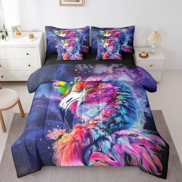 Cartoon Flamingo Twin Comforter Set 7-Piece Tropical Animal Bedding Comforter Sets Psychedelic Galaxy Stars Bed in a Bag Rainbow Graffiti Bedding Set Trippy Nebula Cosmos Bed Sheets Set