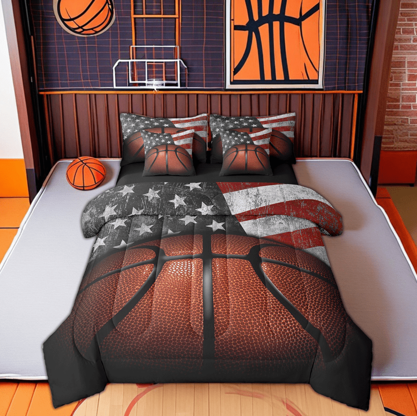 Erosebridal Teens Basketball Bed in a Bag Twin size , Vintage USA Flag Bed Set, Microfiber 7pcs