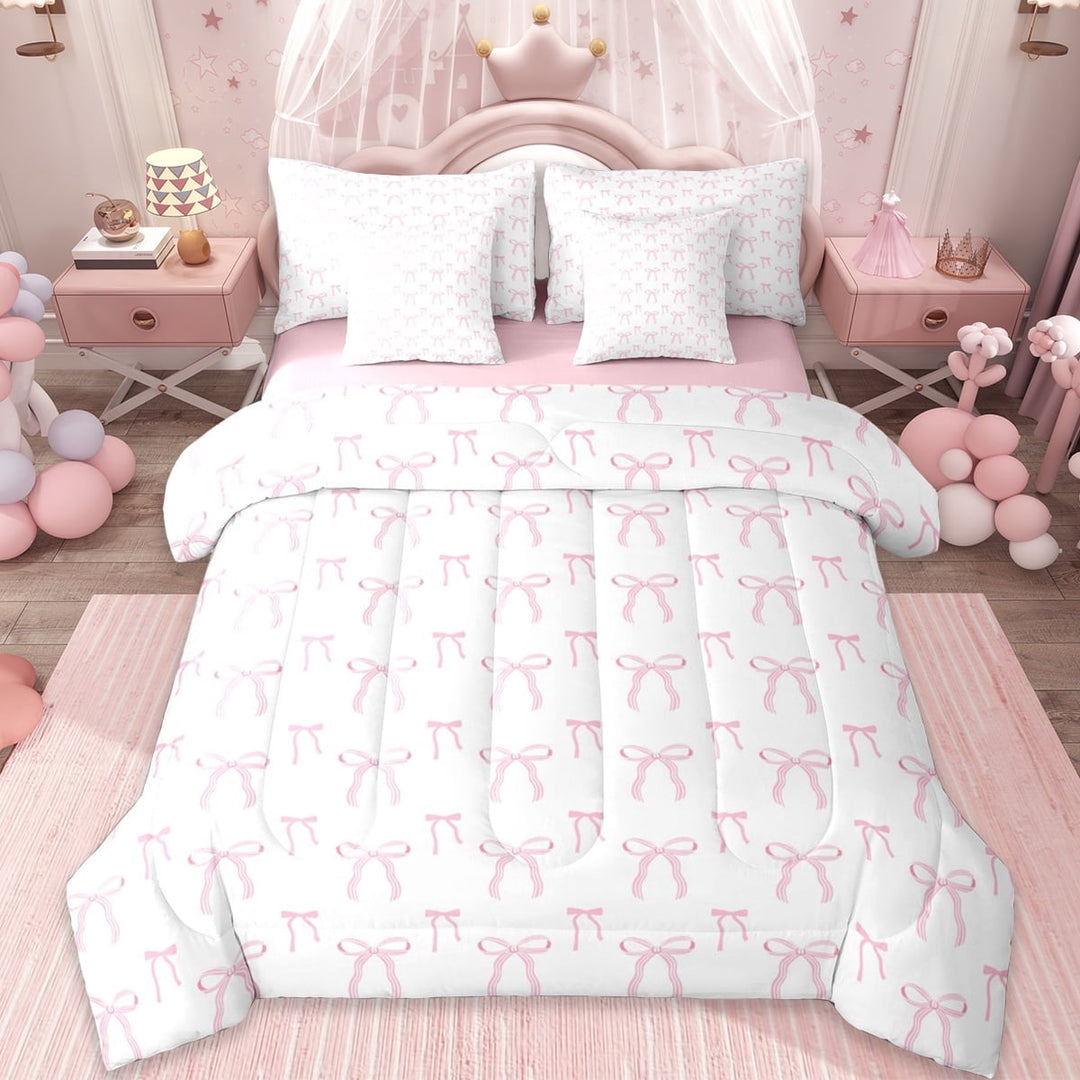 Erosebridal Girly Pink Bowknot 7-Piece Twin Bedding Sets For Kids,Cute Bows Kawaii Bowtie Bedding Comforter Set,Lightpink White,Reversible
