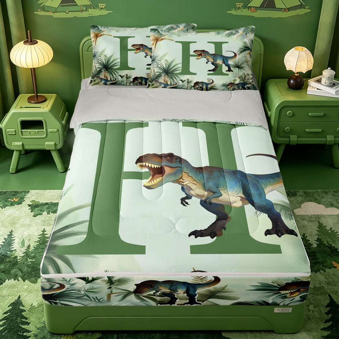 meiyoeat ancient Monogram Zipper Twin Comforter Sets with Fitted Sheet and 2 Pillowcases,Tropical Dinosaur Animal Zipper Bedding Set,Light Gray Reversible,4-Piece