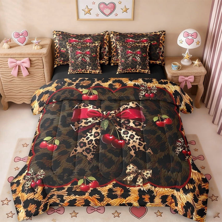 Erosebridal Leopard Print Bowknot 7-Piece Twin Bedding Sets For Kids,Cute Cherries Cute Bows Girls Bedding Comforter Set,Reversible Black