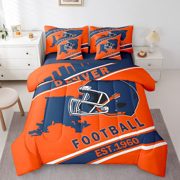 Erosebridal American Football Bedding Sets Twin Size, Soccer Sports Bed Sheets Set, Orange Navy, Denver, Ultra Soft 7 Pieces