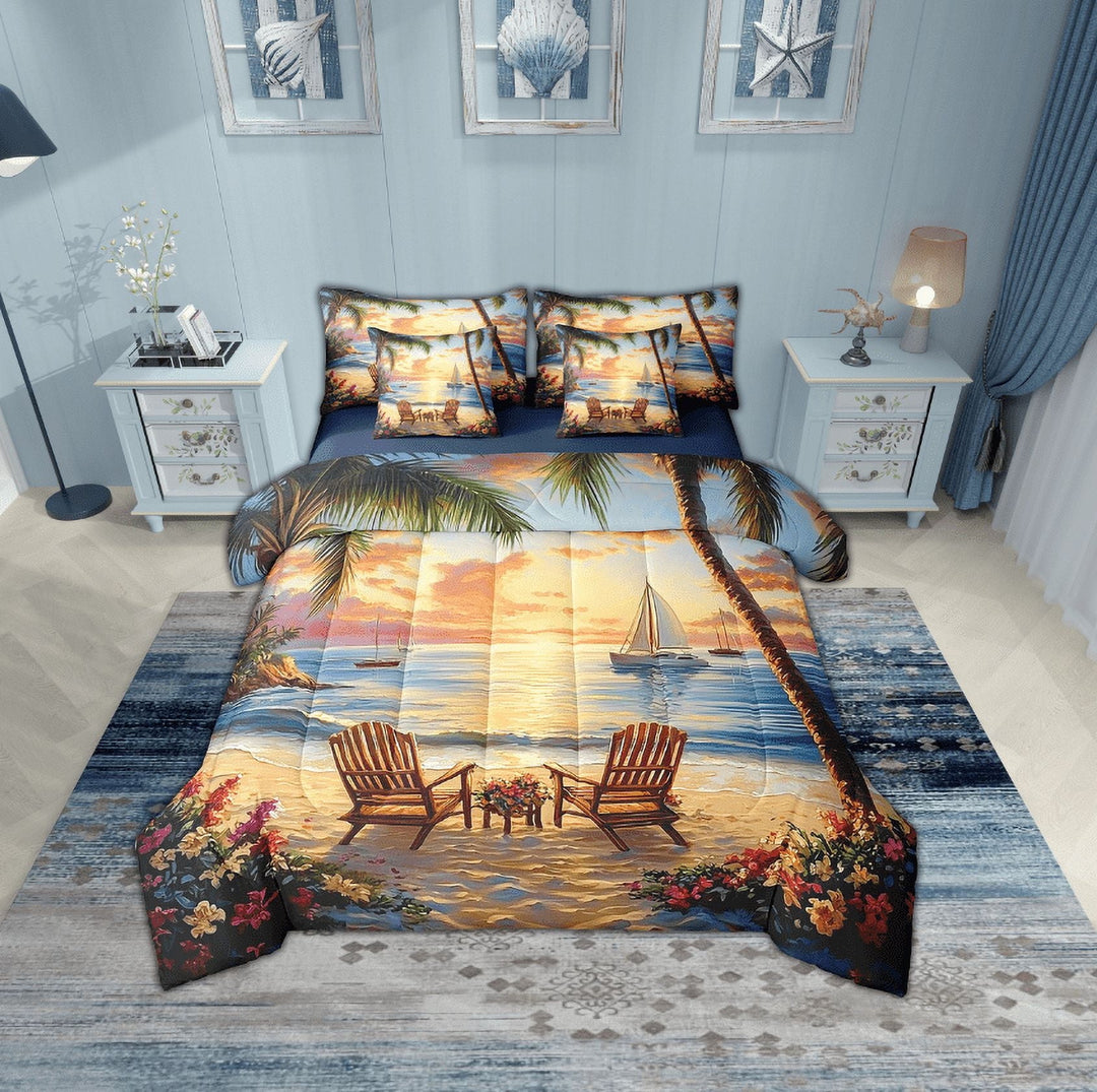 Erosebridal Hawaii Beach Bedding Twin Size, Summer Holiday Bed Set, Romantic Sunset Reversible Bedding Sets Twin Size, Super Cozy Room Decoration, 7pcs