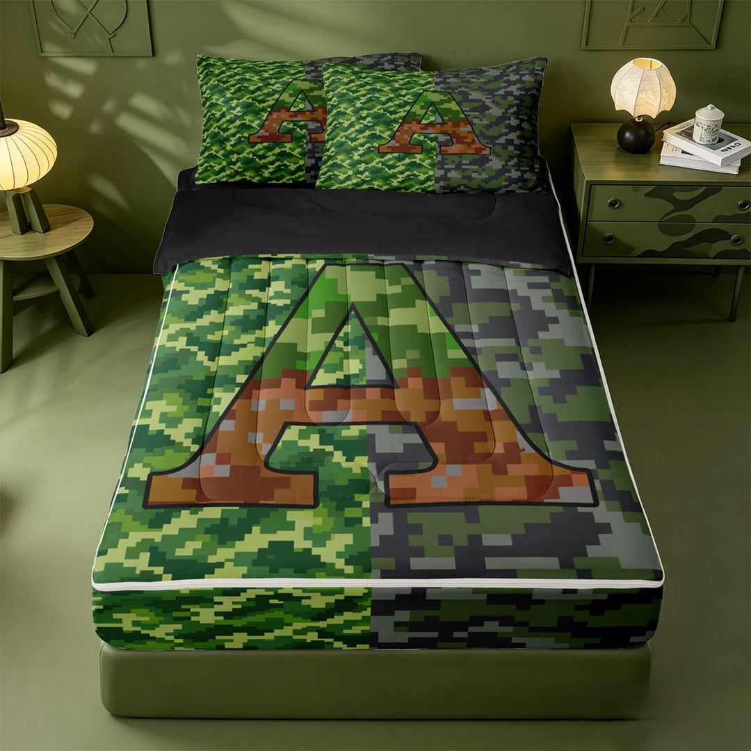meiyoeat Modern Pixel Video Games Zipper Twin Comforter Sets with Fitted Sheet and 2 Pillowcases For Boys,Grid Initial Letter A Zipper Bedding Set,Black Reversible,4 Pieces