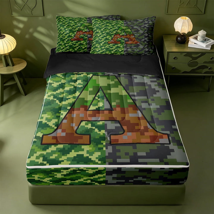 meiyoeat Modern Pixel Video Games Zipper Twin Comforter Sets with Fitted Sheet and 2 Pillowcases For Boys,Grid Initial Letter A Zipper Bedding Set,Black Reversible,4 Pieces