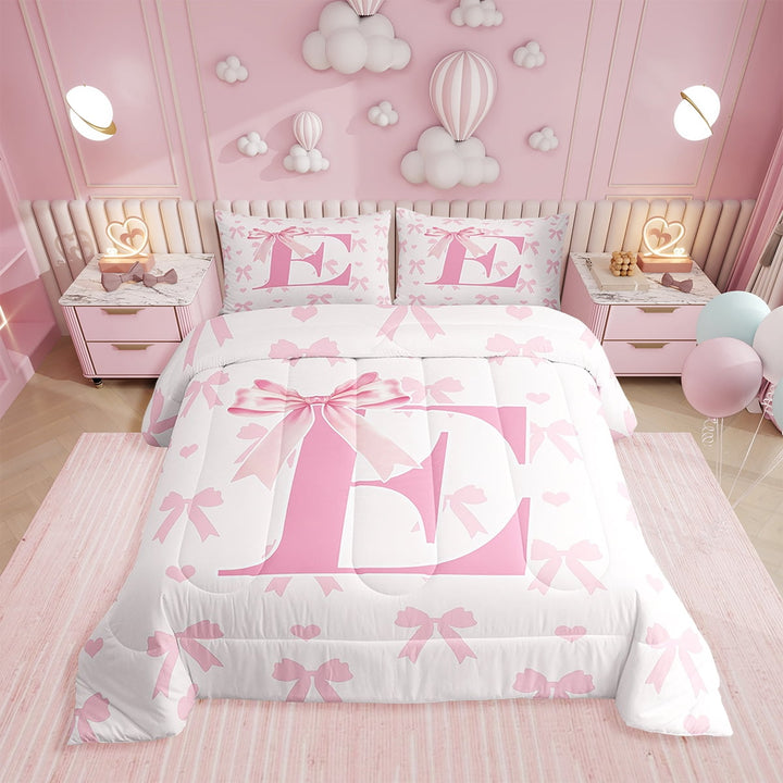 Pink Bow Comforter Set,Princess Style Bowknot Love Hearts Girly Fairy Bedding Set All Season,Initial Letter E Chic Romantic Comforter 2 Pcs with 1 Pillowcase,Kawaii Pink,Twin Size