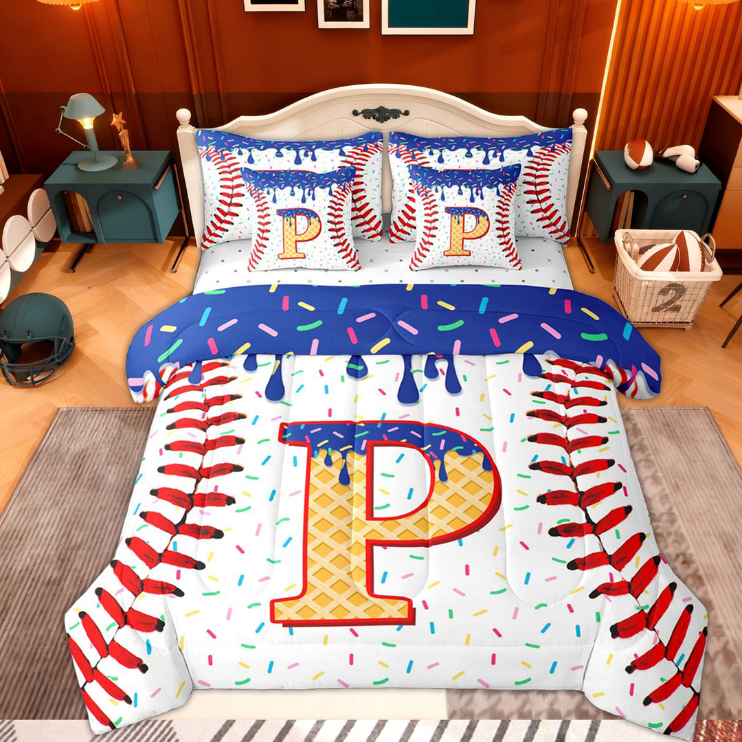 Erosebridal Kids Baseball Gaming Twin Bedding Sets 7-Piece, Cartoon Initial P Bedding Comforter Set