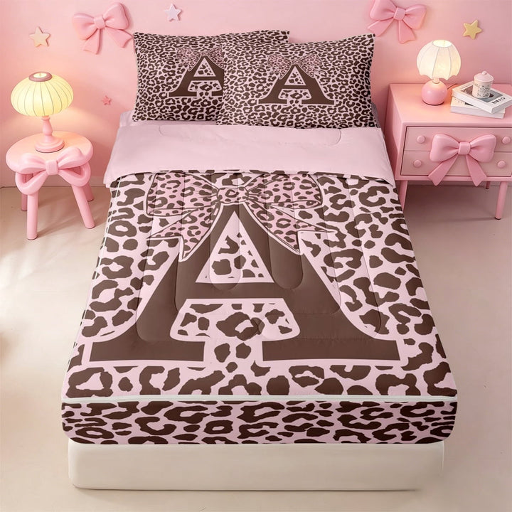 meiyoeat Pink Cheetah Print Monogram A Zipper Full Size Comforter Sets with Fitted Sheet and 2 Pillowcases For Girls,Bow Tie Accent Initial Zipper Bedding Set,Pink Reversible,4pcs