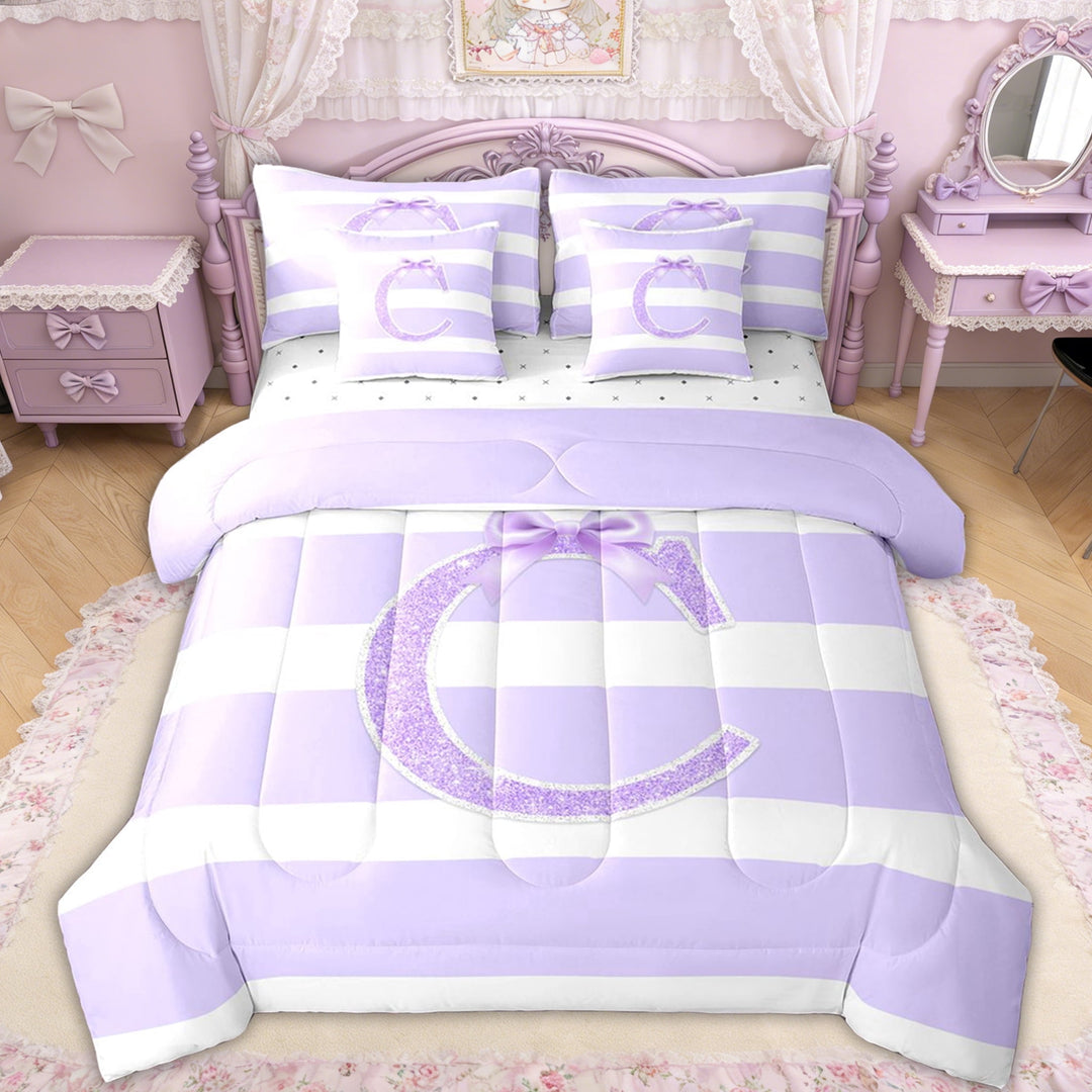 Erosebridal Glitter Print Bow Letter C Twin Bedding Sets for Girls, Purple Stripes Ribbon Bedding Comforter Set, Reversible, 7pcs