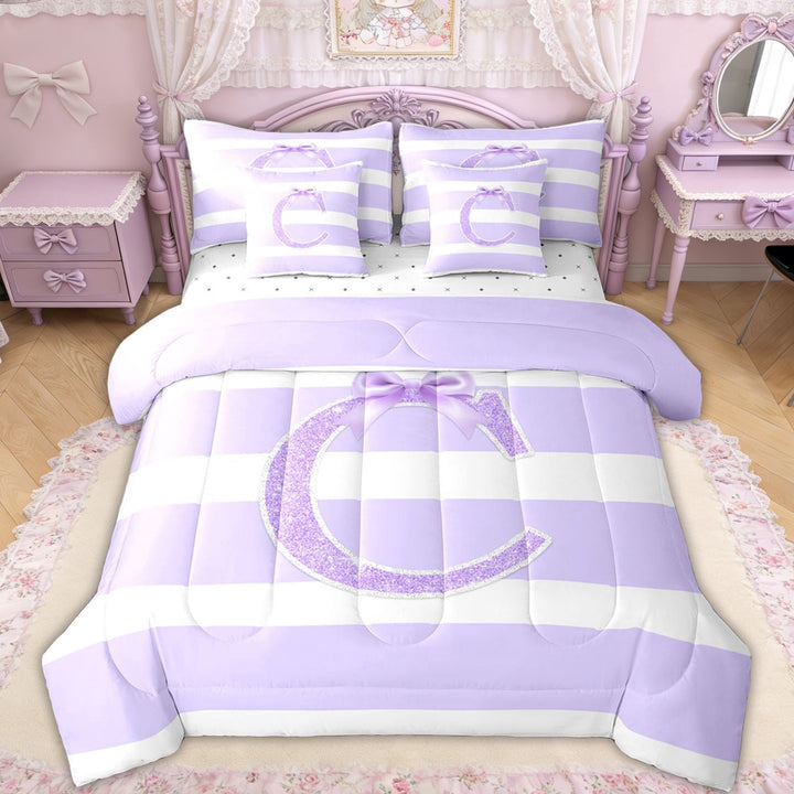 Erosebridal Glitter Print Bow Letter C Twin Bedding Sets for Girls, Purple Stripes Ribbon Bedding Comforter Set, Reversible, 7pcs