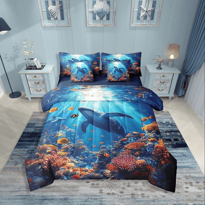 Erosebridal Wildlife Dolphin Bedding Sets Twin Size,Ocean Animal Whale Comforter Sets with Sheets,Sealife Decor,Reversible,Breathable,7-Piece