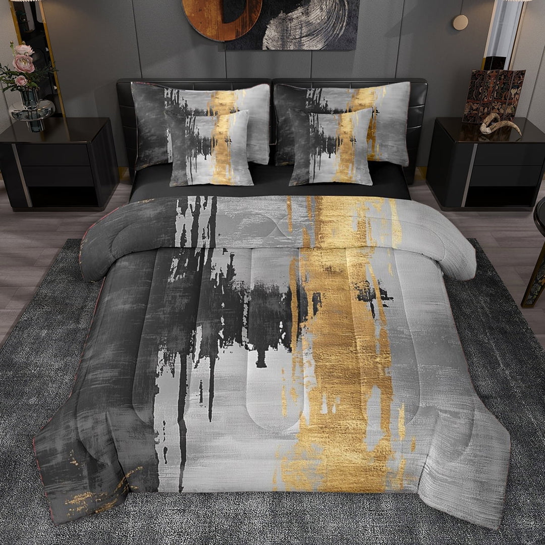 jejeloiu Splashing Ink Geometric 7pcs Bedding Comforter Set,Black Gray Gold Queen Bedding Sets For Girls Teens Reversible