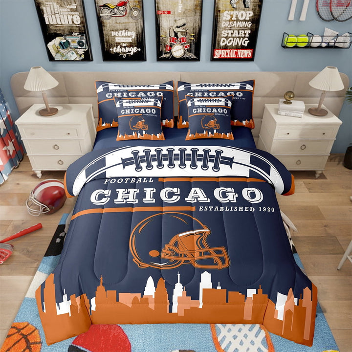 7 Piece Sports Bedding Sets,American Football Fans Bed in a Bag Full Size Rugby Player Comforter Set with Sheets Football Lovers Bed Set Orange Navy Blue Sheets (Chicago)