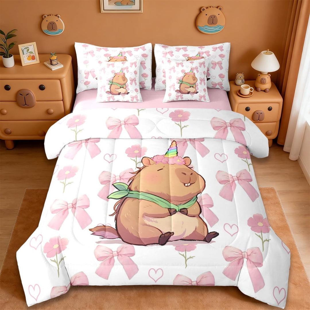 Erosebridal Kawaii Animals Capybara 7-Piece Twin Bedding Sets,Ribbon Bow Knot Print Bedding Comforter Set For Kids Girls ,Reversible Pink