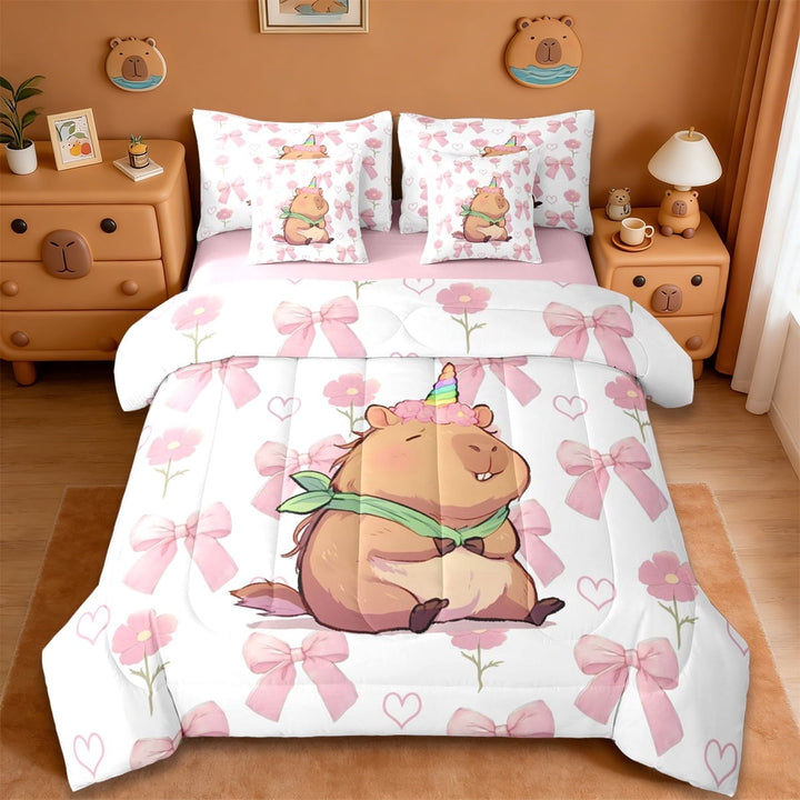 Erosebridal Kawaii Animals Capybara 7-Piece Twin Bedding Sets,Ribbon Bow Knot Print Bedding Comforter Set For Kids Girls ,Reversible Pink