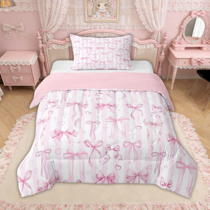 Erosebridal Pink Striped Bow Twin Comforter Sets for Girls, Stars Love Heart Bedding Set for Kids Teens, Pink Reversible, 2pcs