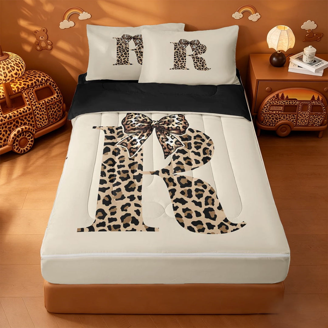 meiyoeat leopard Bowknot Letter Zipper Full Size Comforter Sets with Fitted Sheet and 2 Pillowcases,Cheetah Monogram Print R Zipper Bedding Set,Black Reversible,4 Pieces