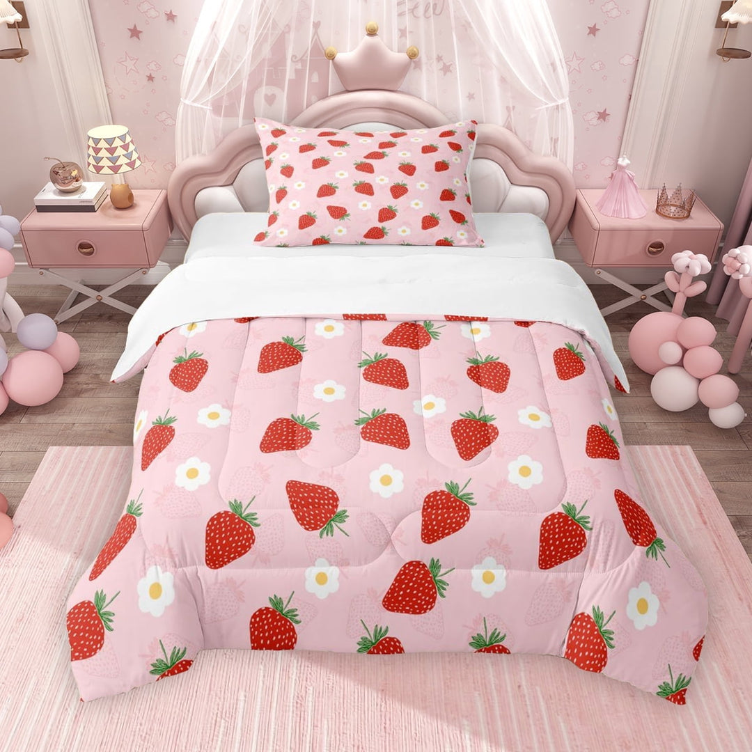Erosebridal Kawaii Strawberry Twin Comforter Sets for Kids Girls, Daisy Flower Bedding Set, 1 Comforter and 1 Pillowcase