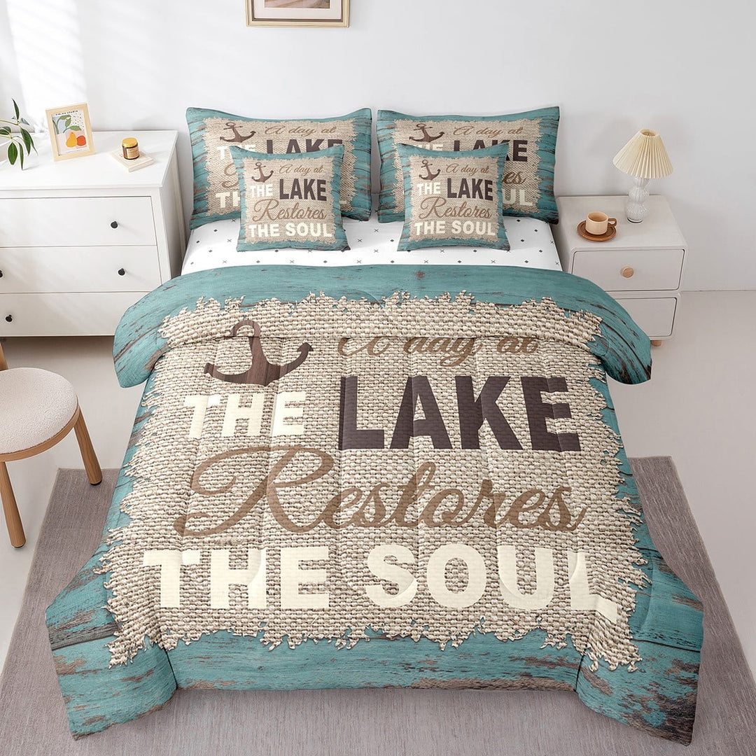 Erosebridal Lake House Bed in A Bag King,Vintage Nautical Anchor Comforter Set 7 Piece,Farmhouse Wooden Panel Bedding Sets,Farmhouse Camper Themed Quilt with Flat Fitted Sheet,Pillow Covers