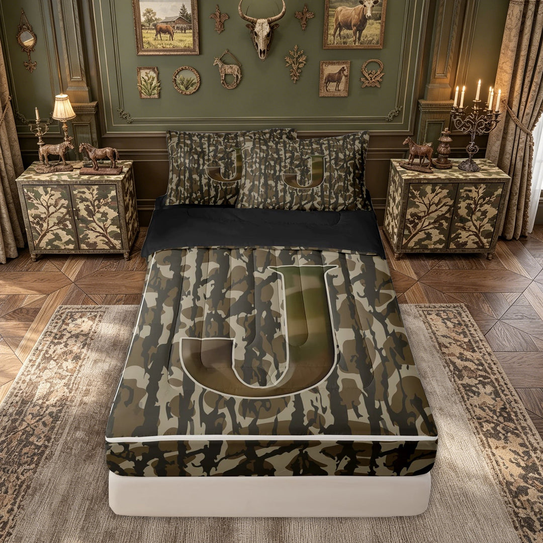 meiyoeat Camouflage Letter J Print Zipper Full Size Comforter Sets with Fitted Sheet and 2 Pillowcases for Men Women, Rustic Camouflage Branches Zipper Bedding Set, Black Reversible, 4 Pieces