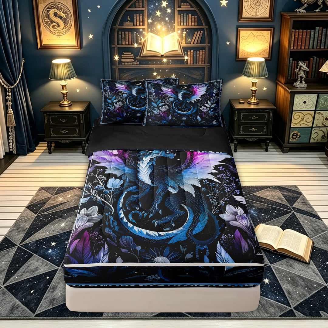 meiyoeat Mystical Dragon Zipper Full Size Comforter Sets with Fitted Sheet and 2 Pillowcases for Kids Girls, Floral Fantasy Zipper Bedding Set for Bedroom, Blue Purple, Black ReversibleB