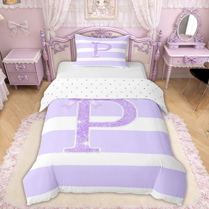 Erosebridal Glitter Print Bow Letter P Twin Bedding for Girls, Purple Stripes Ribbon Duvet Cover Set, Reversible, 1 Duvet Cover and 1 Pillowcase (No Comforter)