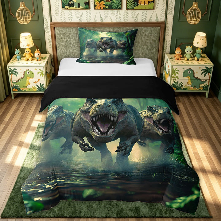 meiyoeat 3D Rustic Dino Family Bedding for Kids Boys, Green Jungle Dinosaur Duvet Cover Full, Black Reversible, 3pcs