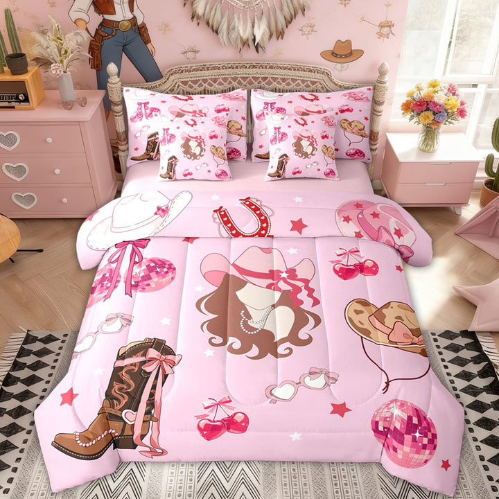 Erosebridal Kids Western Princess Twin Bedding Sets, Fashion Boot Bedding Comforter Set, Pink Reversible, 7-Piece