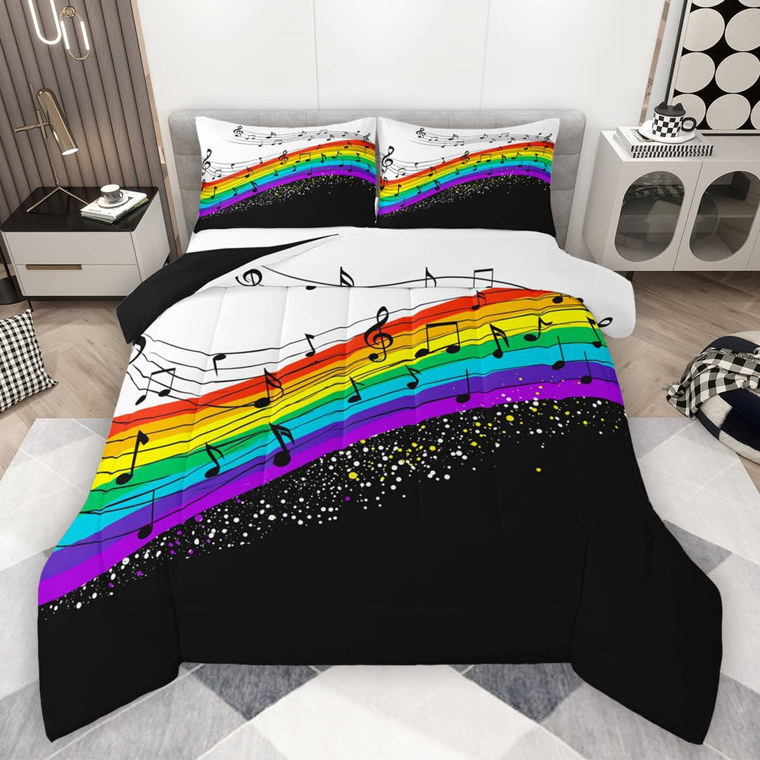 Manfei Musical Melody Queen Comforter Set,Colorful Waves Striped Bedding Sets,Music Notes Bedding Comforter Set For Girls Kids,Breathable Home Decor Reversible,3-Piece