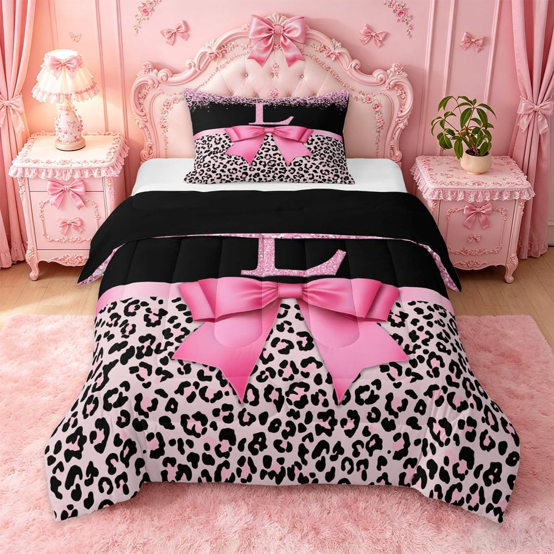 Erosebridal Pink Ribbon Bow Twin Comforter Sets For Kids,Chic Sequin Print Letter L Monogrammed Bedding Set,Black Reversible,2-Piece