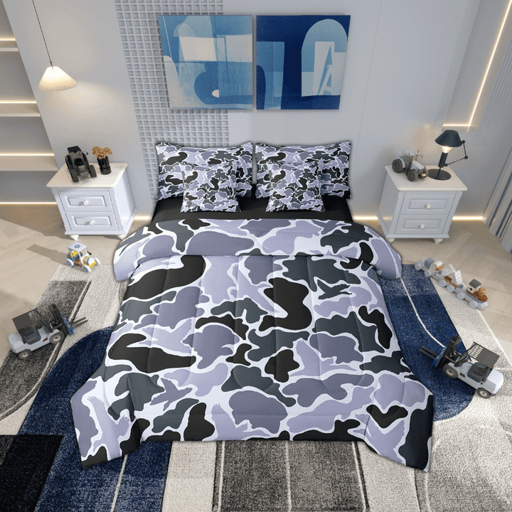 Erosebridal Black Dark Lavender Gray Bed in a Bag Twin Size, Abstract Camouflage Camo Bed Set, Reversible 7 Pieces