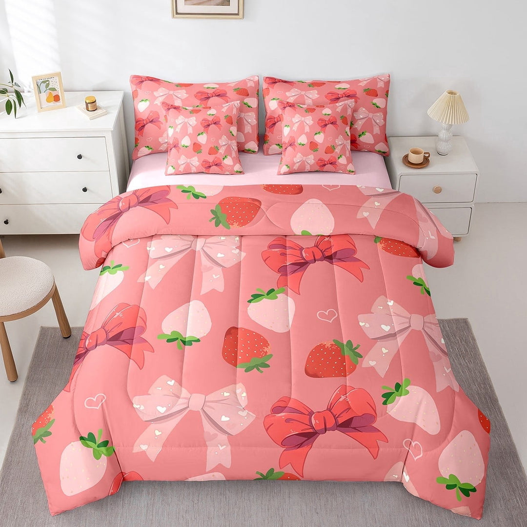 Red Pink Bowknot Comforter Set for Room Decor,Cartoon Strawberry Bedding Set Twin Size 7 Pcs,Girly Princess Style Bed in a Bag with Comforter, Sheets, Pillowcases &amp; Cushion Cover