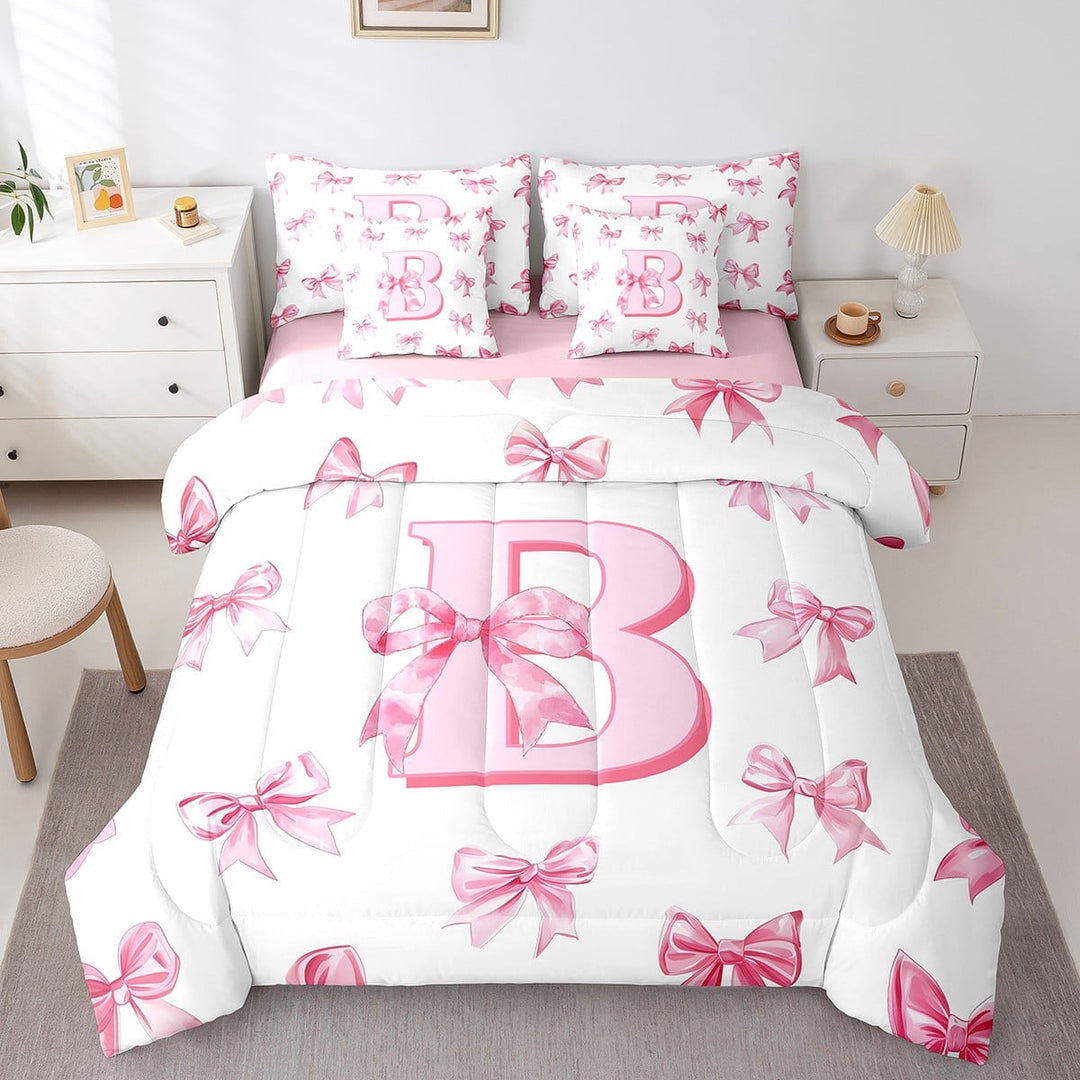 Erosebridal Girly Bowknot Initial Bed in a Bag Full size,Dreamy Princess Bed Set,Teens Bedroom Decor,Reversible,7pcs