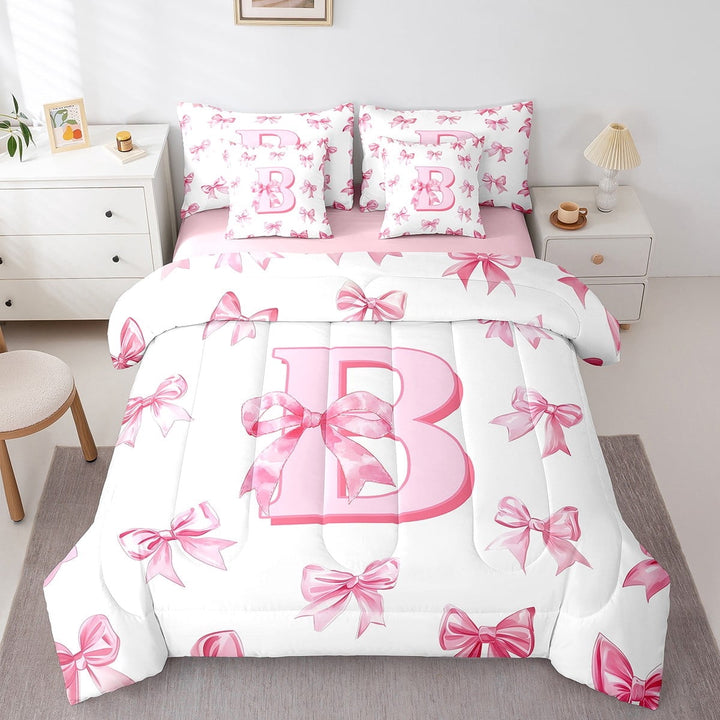 Erosebridal Girly Bowknot Initial Bed in a Bag Full size,Dreamy Princess Bed Set,Teens Bedroom Decor,Reversible,7pcs