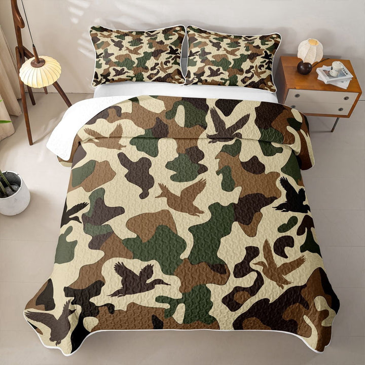 Erosebridal Duck Hunting Camo Quilt Full,Green Wild Duck Outdoor Camouflage Full Bedspread Sets For Boys,3-Piece