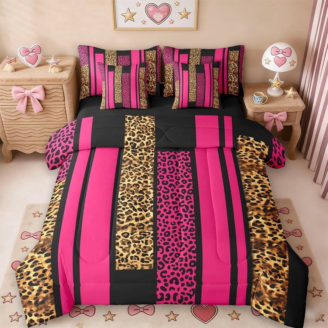 Erosebridal Leopard Print Stripes 7-Piece Twin Bedding Sets,Chic Wild Animal Texture Bedding Comforter Set For Women Adults,Reversible Black