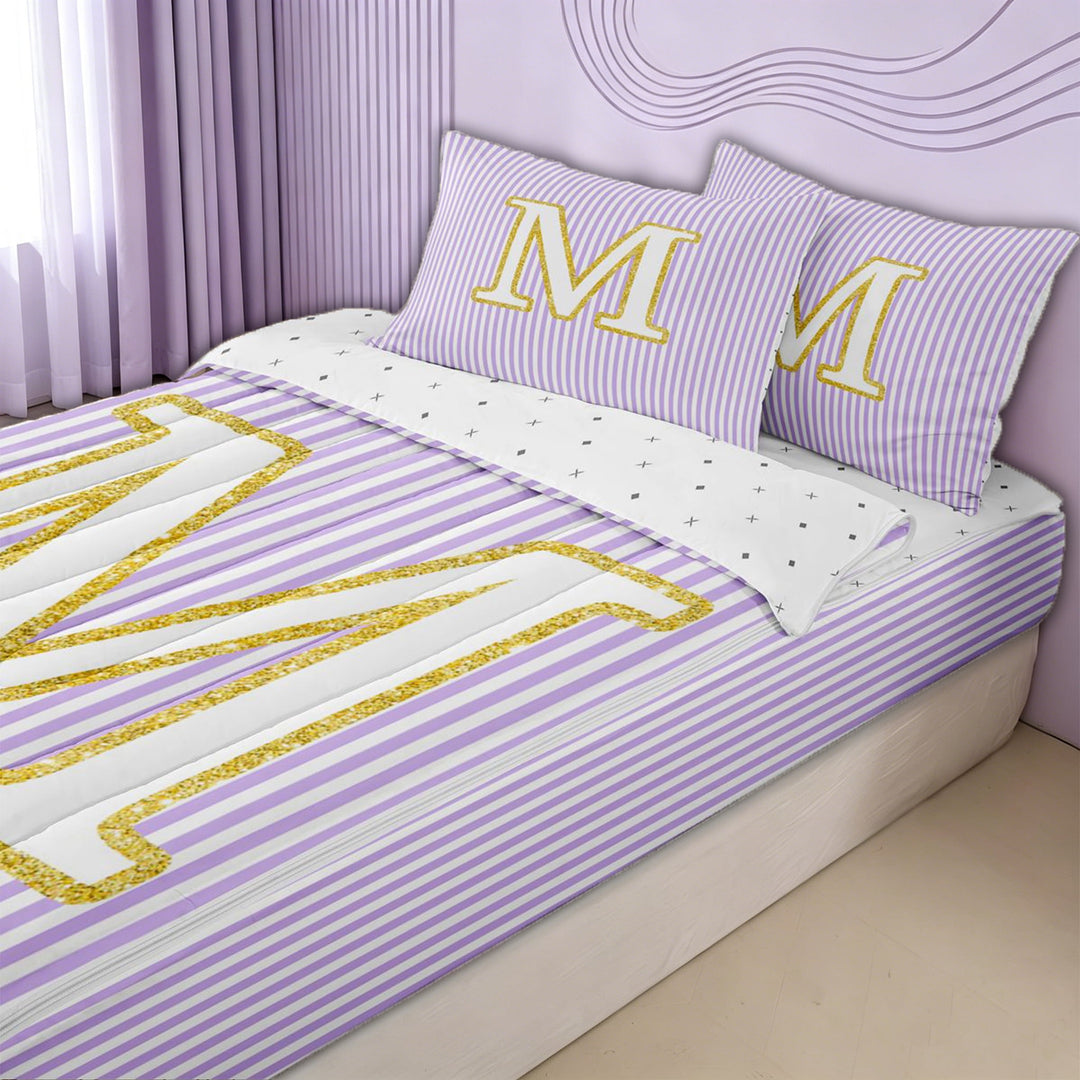 meiyoeat Gold M Monogram Zipper Full Size Comforter Sets with Fitted Sheet and 2 Pillowcases for Kids Girls Women, Purple Stripes Zipper Bedding Set for Bedroom, ReversibleG