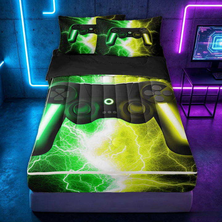 meiyoeat Neon Lightning Gaming Zipper Twin Comforter Sets with Fitted Sheet and 2 Pillowcases for Boys Girls, Electric Gamer Zipper Bedding Set, Green Yellow, Black Reversible